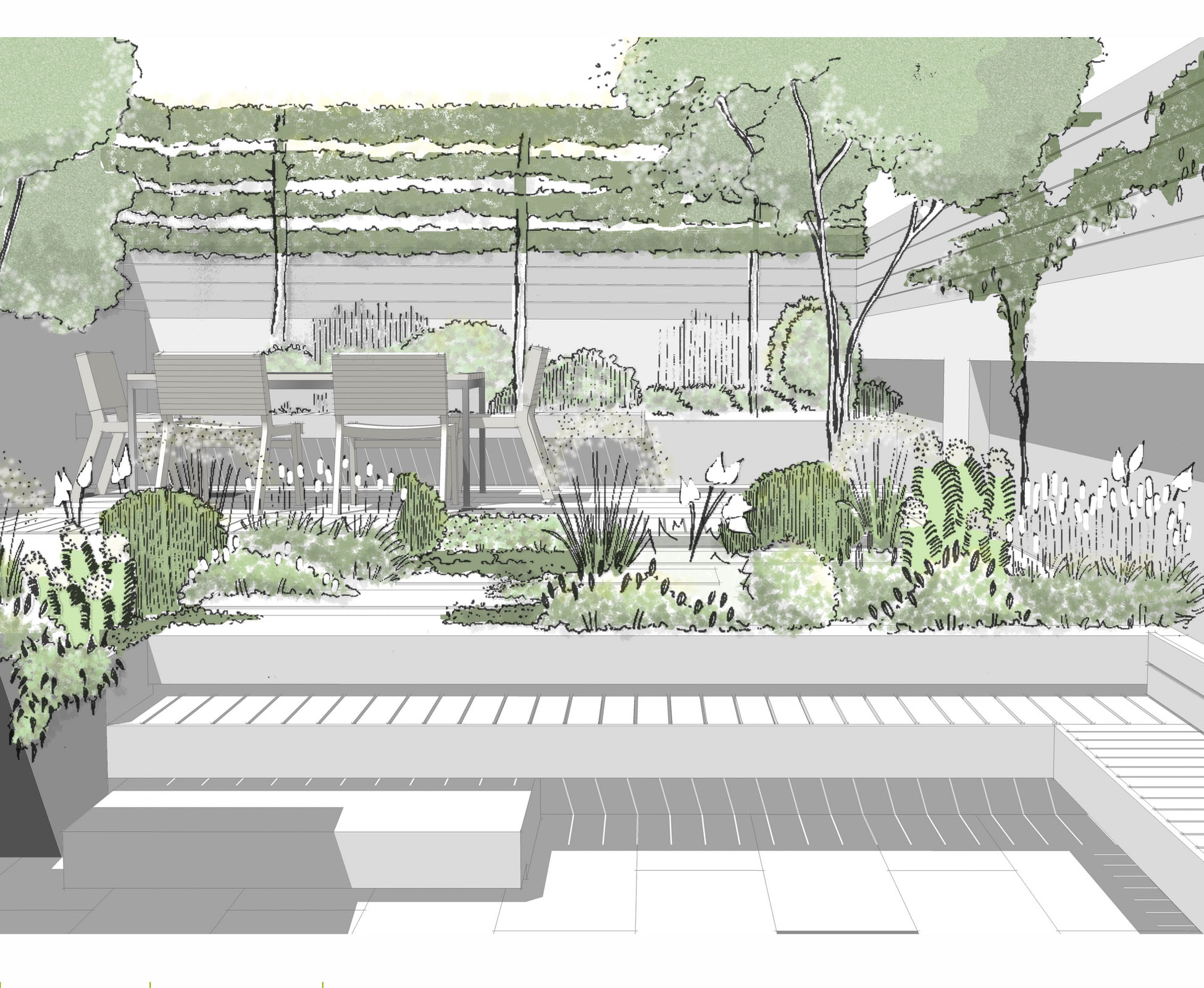 The hand drawn 3D visual explains the initial concept and design by London Garden Designer to the clients of this Crouch End garden.