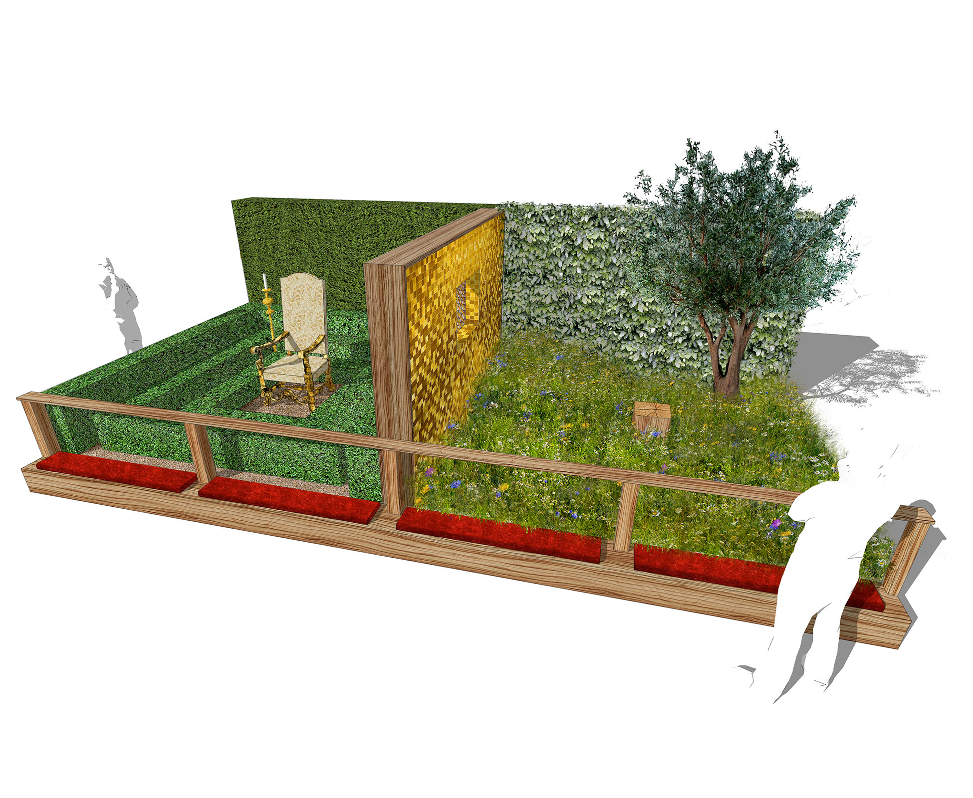 This conceptual garden designed on the theme of the seven deadly sins, expresses Greed at Hampton Court Palace Show Garden. Original concept and sketch design presented to the RHS in the early stages. 