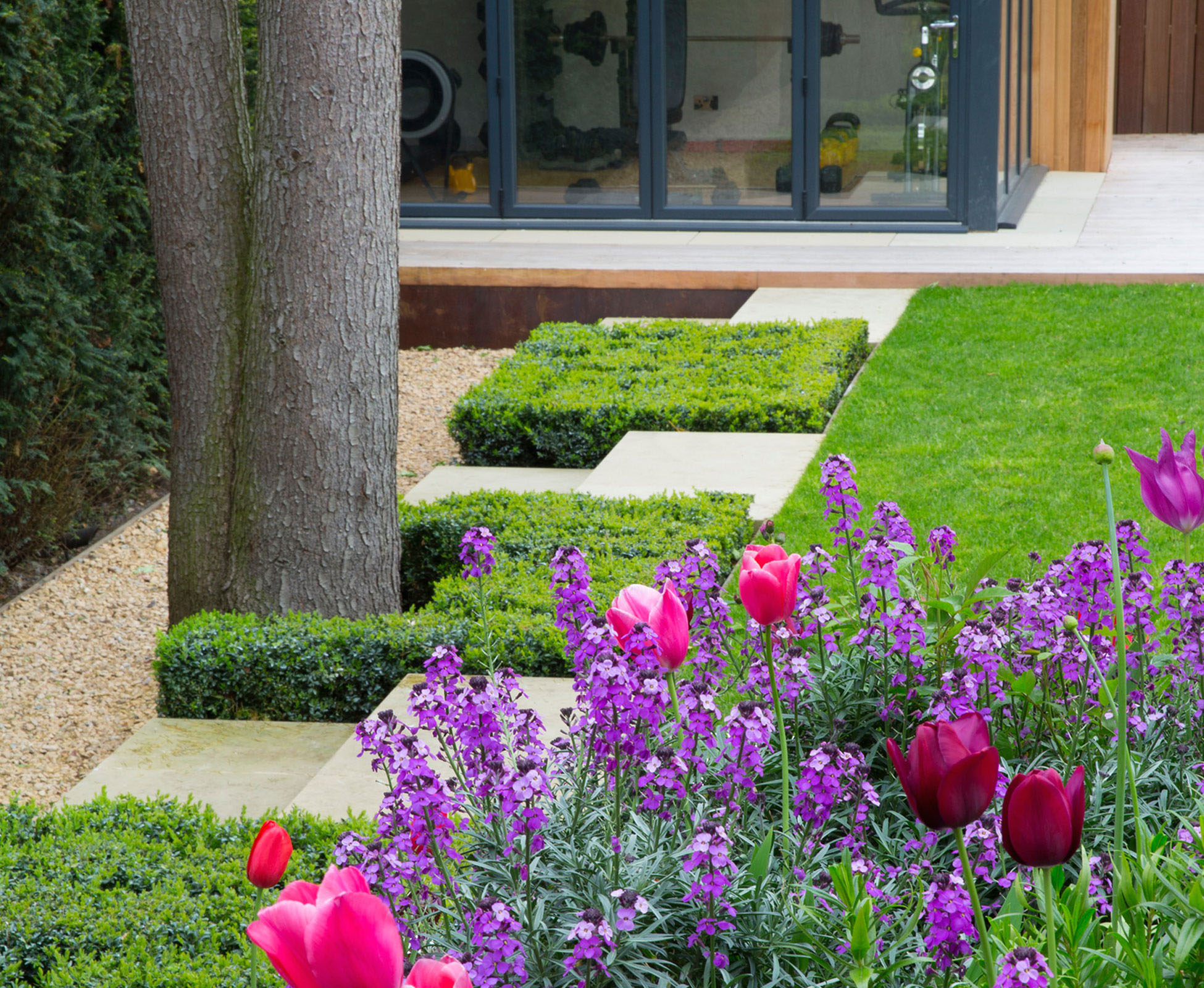 Spring flowers contrasting nicely with the lawn and hedges in this Highgate garden.