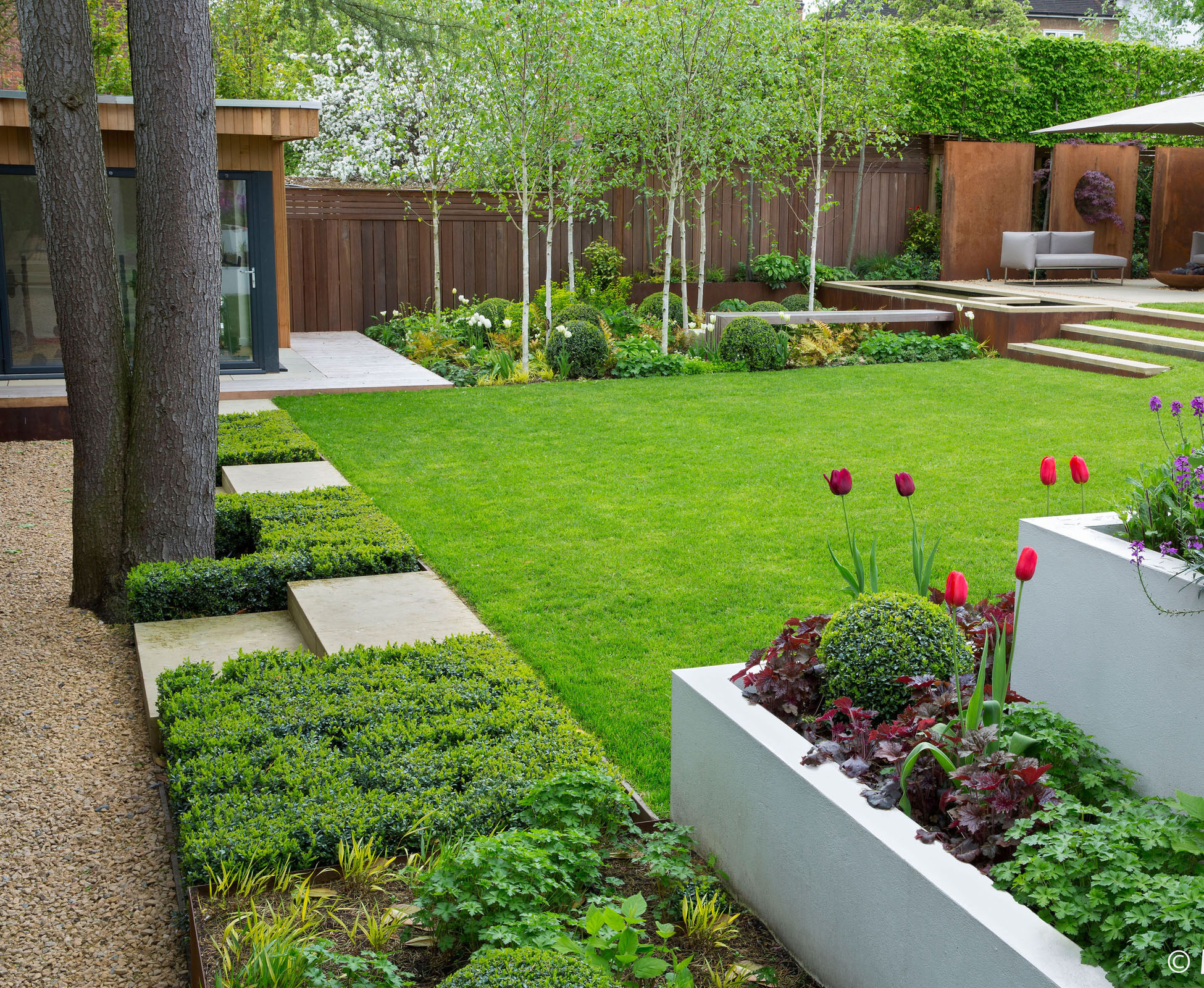 The white trunks of the birch trees remind us of the rendered planters, making our eye bounce in the garden in order to make it look bigger.