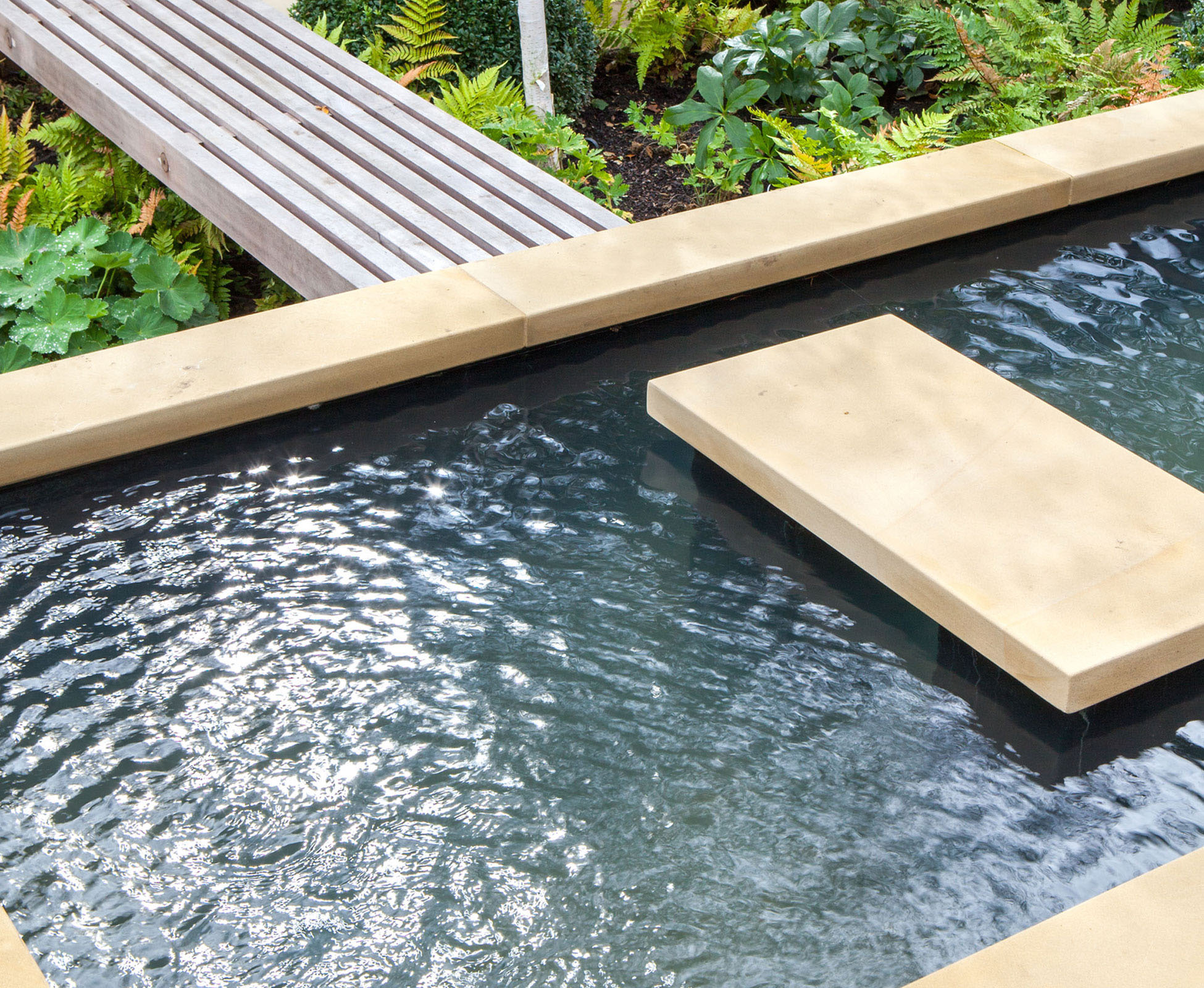 Detail of the water feature coping and stepping stone, hardwood boardwalk and some Betula trunks, Dryopteris ferns and Box clipped balls.