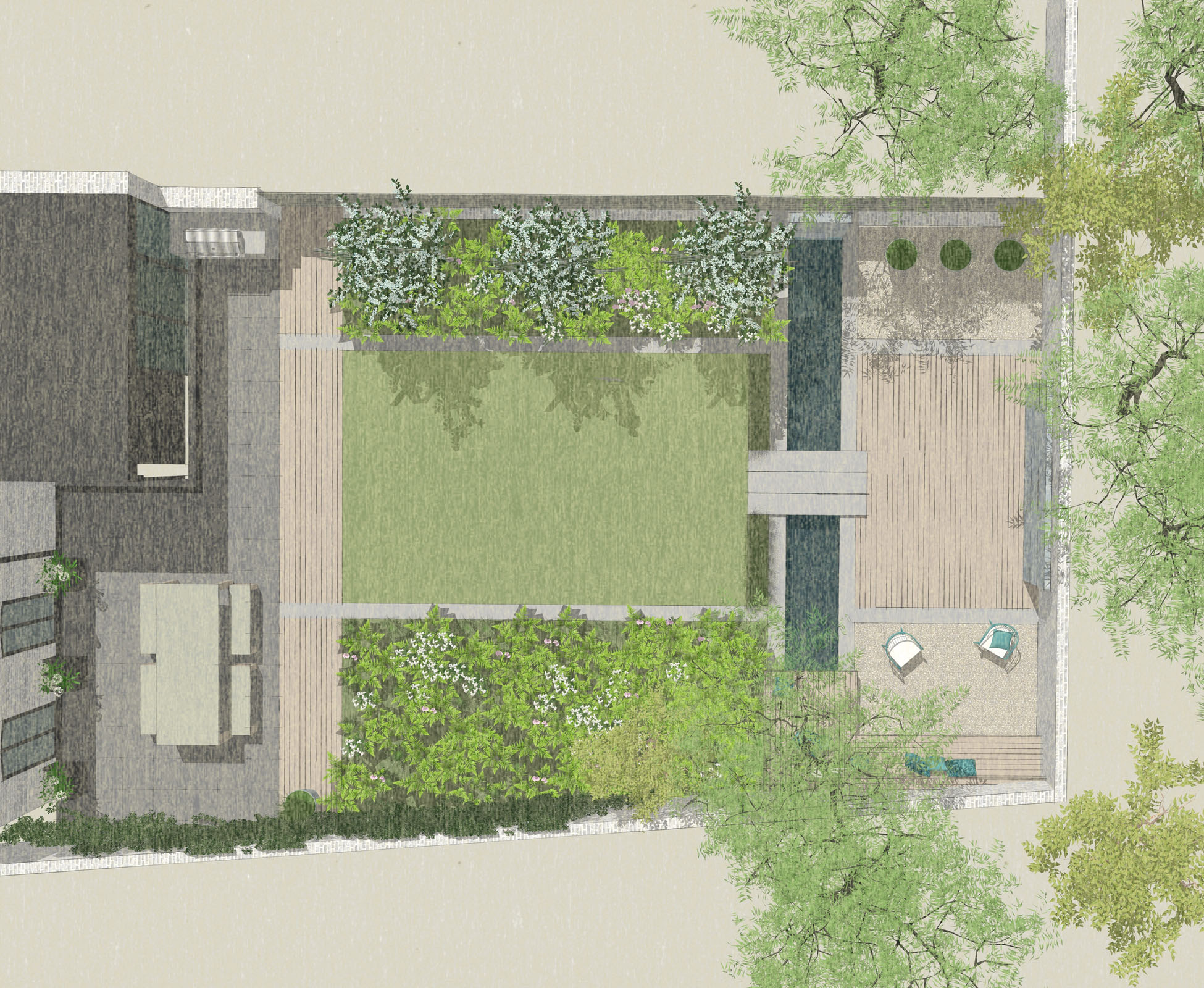 This plan view was presented at the initial design meeting for this Islington garden. It illustrates our intentions clearly whilst expressing textures, shadows and volumes to the clients.